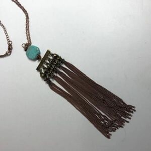 691 Copper colored faux turquoise fringe tassle boho pendant necklace 36" Long